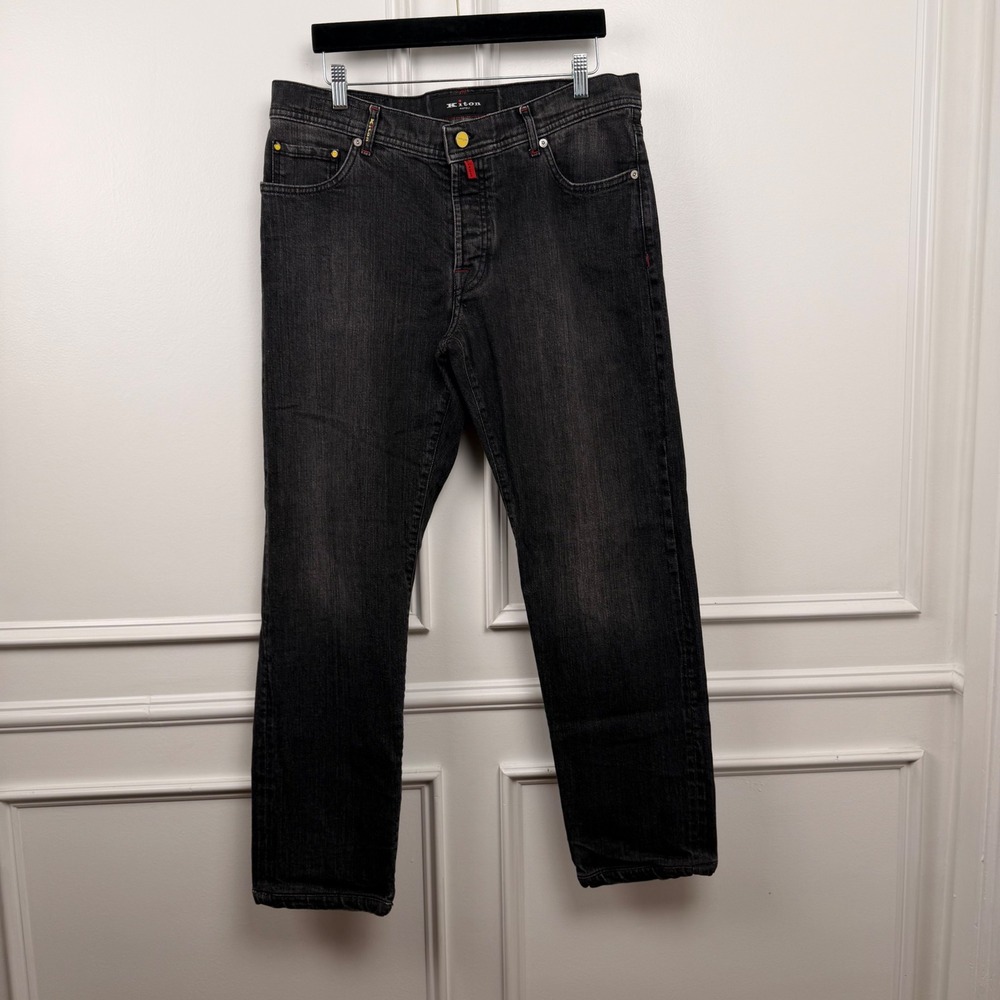 Kiton Napoli Mens Faded Black Denim Jeans Made in Italy Size 38 Button Fly